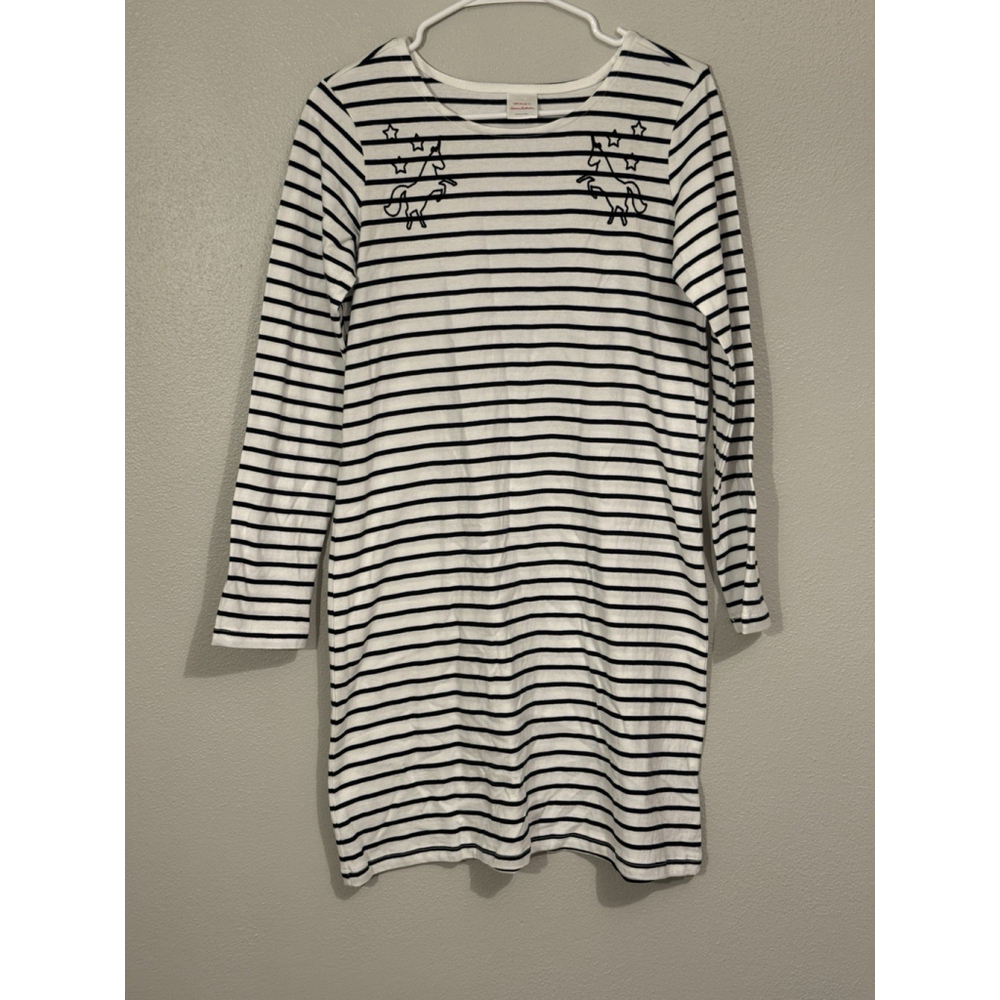Hanna Andersson Girl's White/Black Striped Dress w/unicorns Sz. 14 100% Cotton